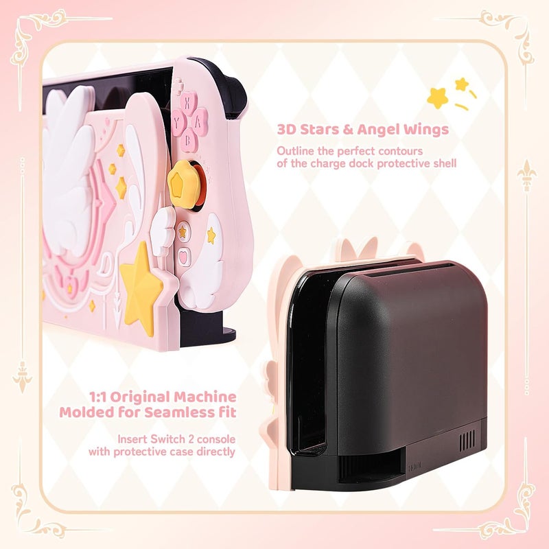 GEEKSHARE Soft Silicone Faceplate Cover Compatible with Nintendo Switch 2 Charging Dock, Star Wings Series Soft Faceplate Protector - Anti-Scratch Dock Cover with Precise Cutouts (Pink) - Image 5